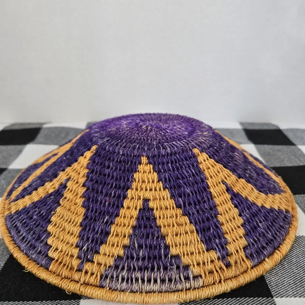 Handmade Woven Grass Basket Bowl Vibrant Design Wall Art Tabletop Purple Tan Art